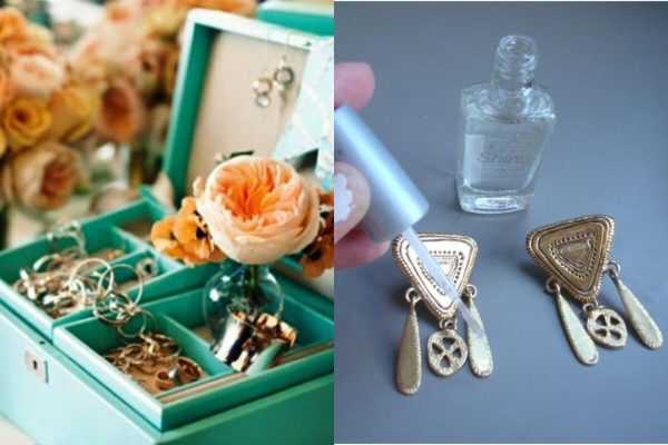 Шкатулка с украшениями и их покраска лаком для ногтей Украшения покрашенные лаком для ногтей