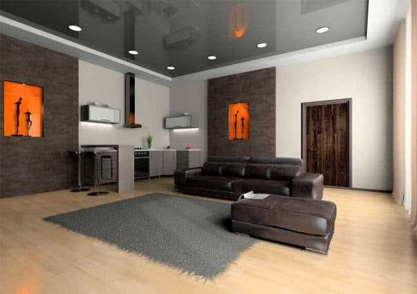 Глянцевый натяжной потолок Серый потолок в интерьере