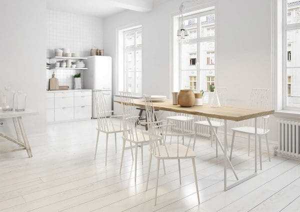 Кухня в светлых тонах Белый ламинат с фаской в интерьере