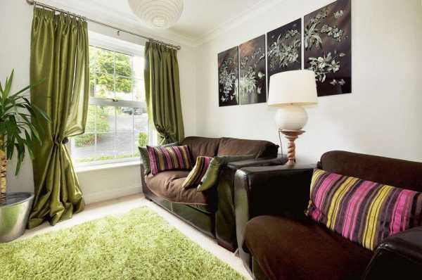 Шторы и ковер зеленоватых оттенков Оливковые портьеры в зале