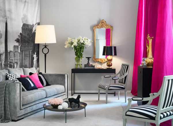 Сочетание розовых и серых оттенков Шторы и подушка цвета фуксия